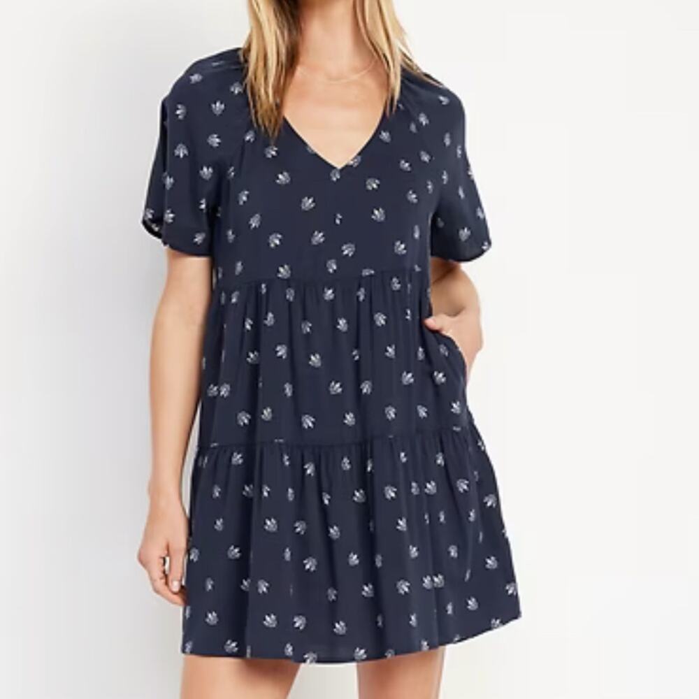 Old Navy V-Neck Mini Swing Dress, Navy Floral, Size Large